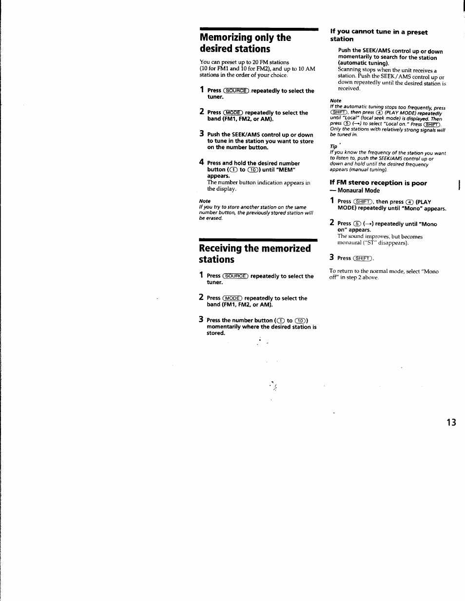 Memorizing only the desired stations, Receiving the memorized stations, If you cannot tune in a preset station | If fm stereo reception is poor | Sony CDX-C8850 User Manual | Page 13 / 52