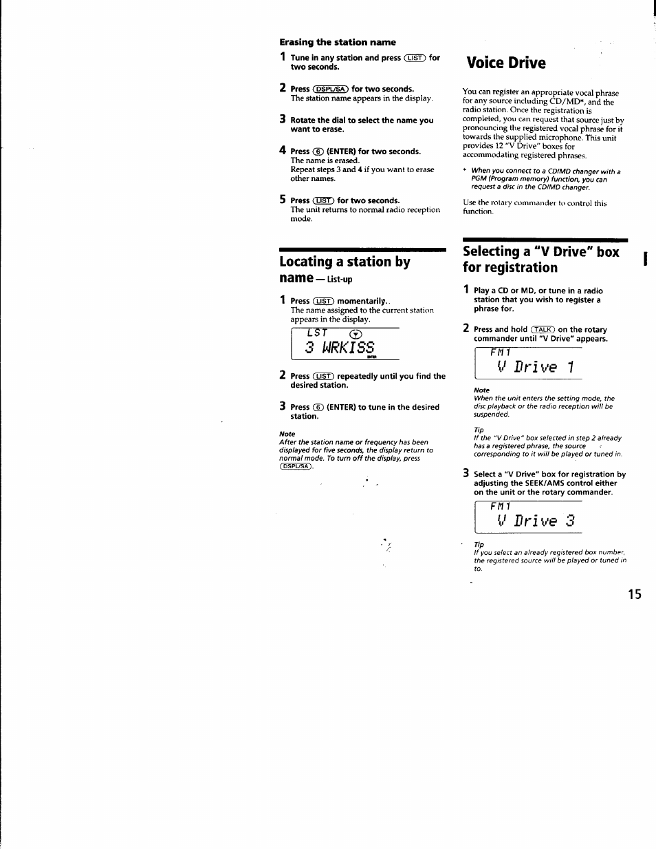 Erasing the station name, Locating a station by name—list-up, 3 i^rkiss | Seiecting a "v drive" box for registration, Drive, Y drive, Selecting a "v drive" box for registration.15, Drive 3, Voice drive | Sony CDX-C8850 User Manual | Page 15 / 52