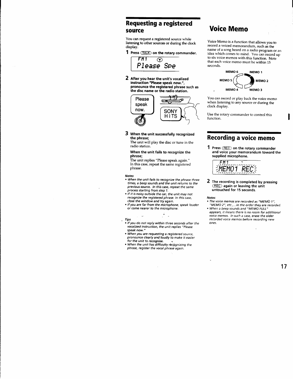 Requesting a registered source, 1 press ( talk ) on the rotary commander, Please spe | The phrase, Recording a voice memo, F m 1 | Sony CDX-C8850 User Manual | Page 17 / 52