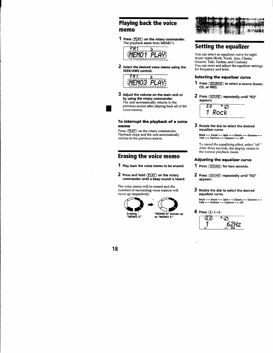 Playing back the voice memo, Mm03 plovi, To interrupt the playback of a voice memo | Erasing the voice memo, Setting the equalizer, Selecting the equaiizer curve, 1 rock, Adjusting the equaiizer curve, 62hz, Playing back the voice memo erasing the voice memo | Sony CDX-C8850 User Manual | Page 18 / 52