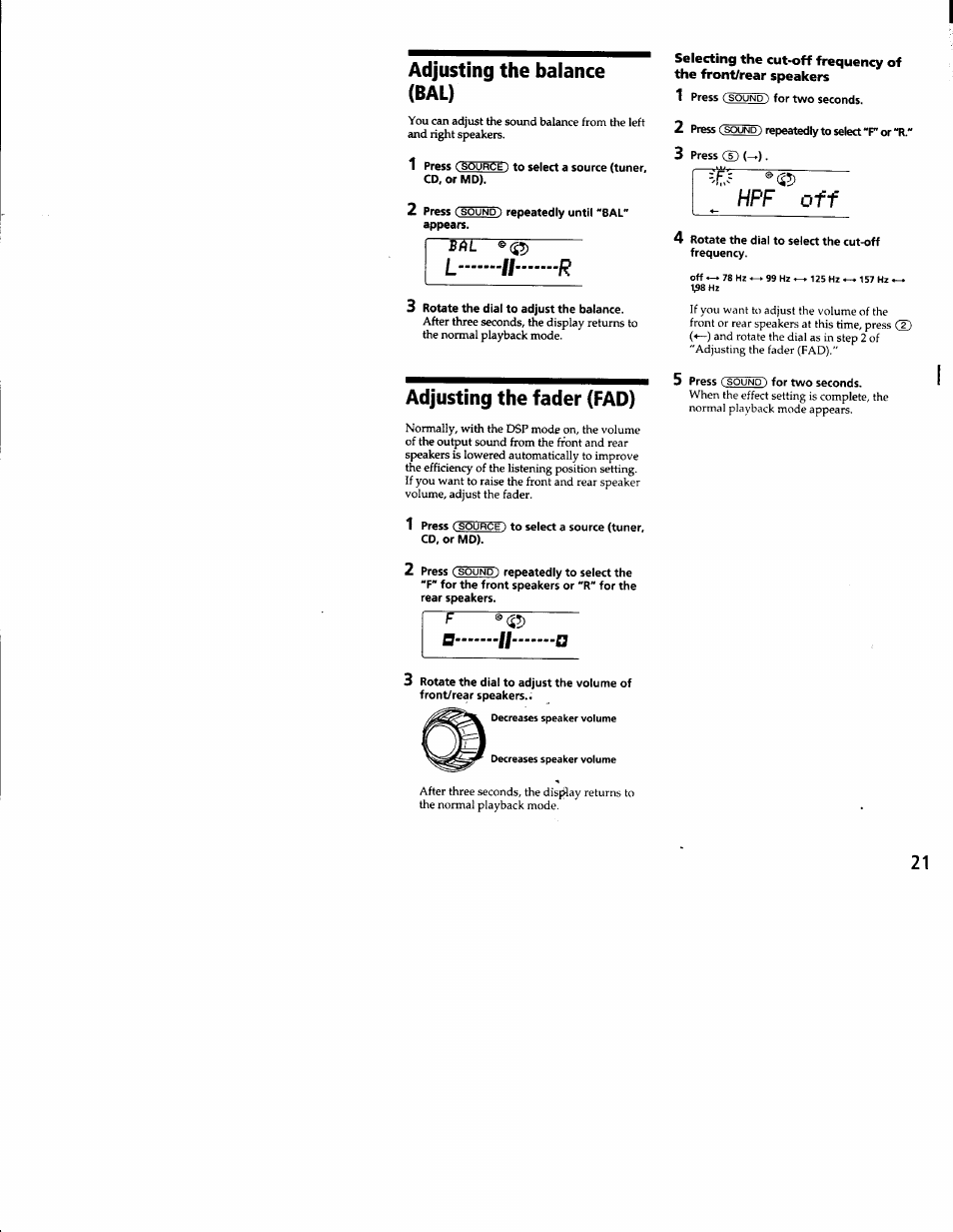 Adjusting the balance (bad, Adjusting the fader (fad), Hpf off | Sony CDX-C8850 User Manual | Page 21 / 52