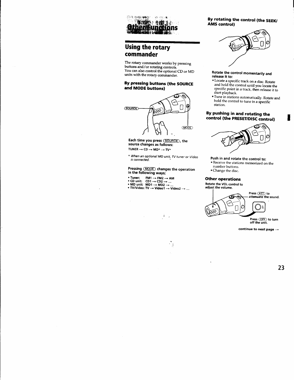 By rotating the control (the seek/ ams control), Using the rotary commander, By pressing buttons (the source and mode buttons) | Other operations | Sony CDX-C8850 User Manual | Page 23 / 52