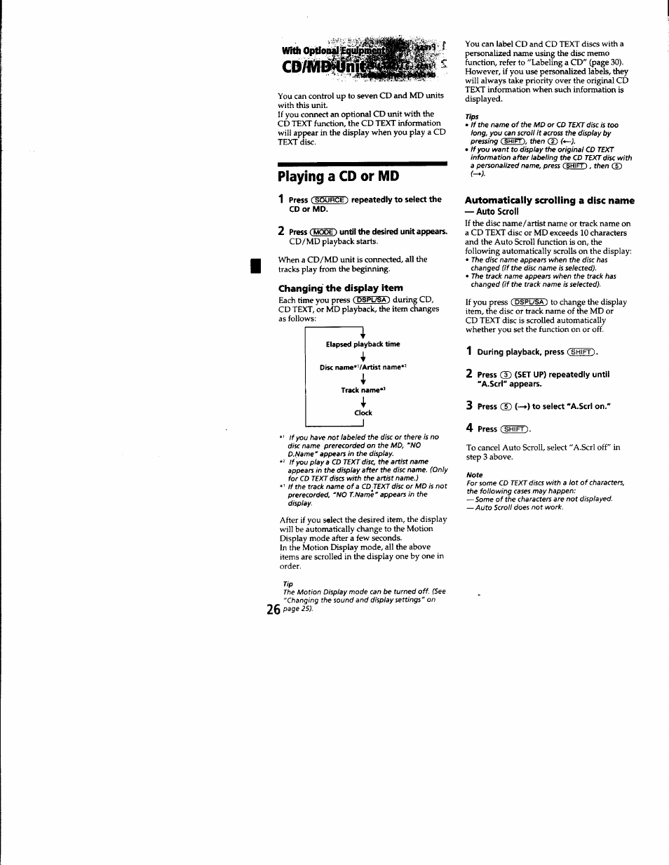 With op^oi, Playing a cd or md, 1 press (soorce) repeatedly to select the cd or md | 2 press (mode) until the desired unit appears, Changing the display item, Automatically scrolling a disc name, 3 press cd (—►) to select "a.scrl on, Playing a cd or md 1 | Sony CDX-C8850 User Manual | Page 26 / 52