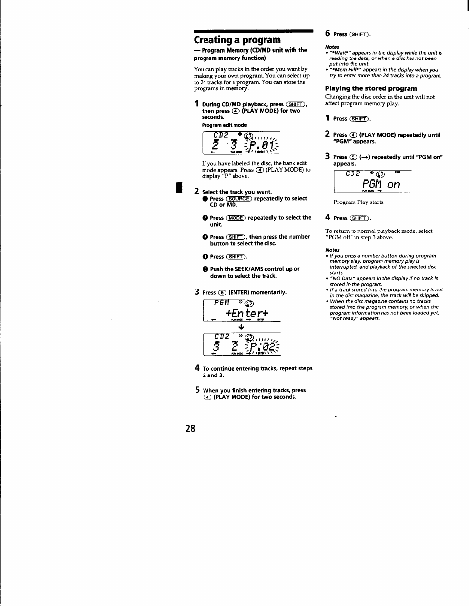 Creating a program, Playing the stored program, Enter | Pgm on | Sony CDX-C8850 User Manual | Page 28 / 52