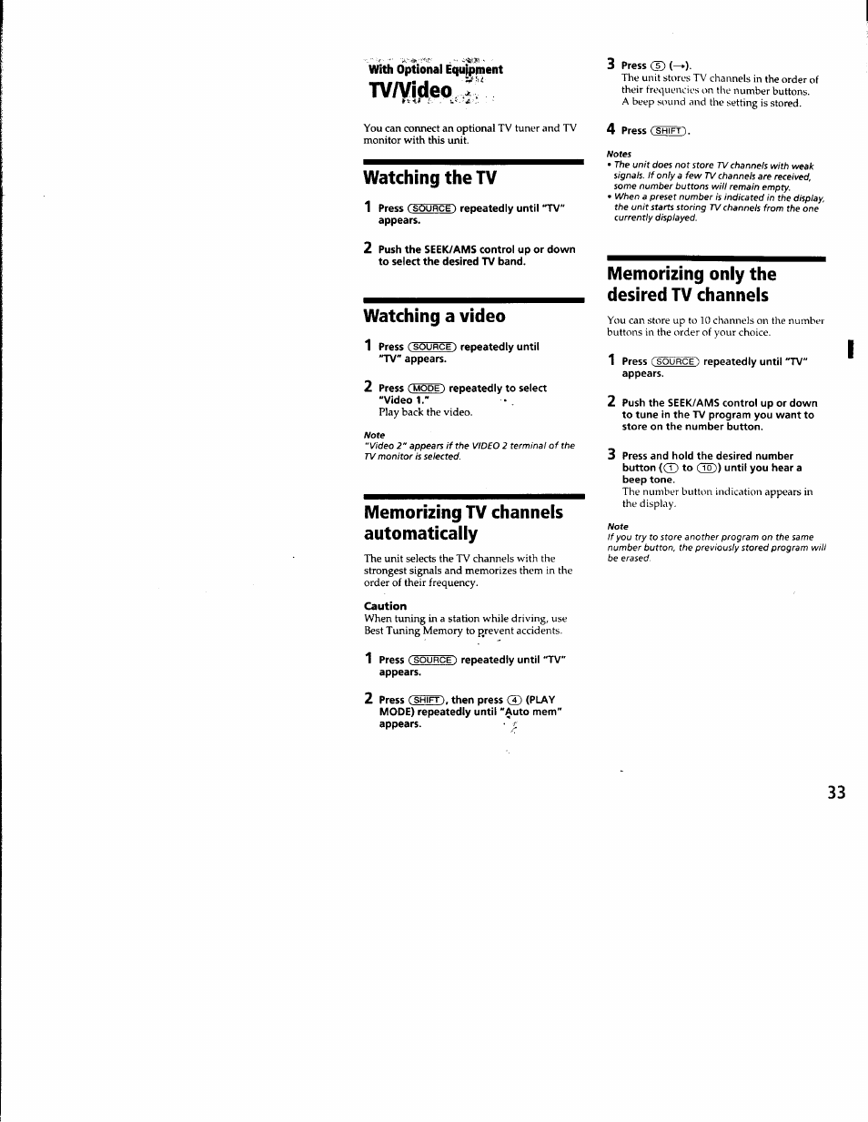 With optional equipment, Nwvidpo, Watching the tv | Watching a video, Memorizing tv channels automatically, Caution, Memorizing only the desired tv channels, Watching the tv 1, Watching a video 1 | Sony CDX-C8850 User Manual | Page 33 / 52