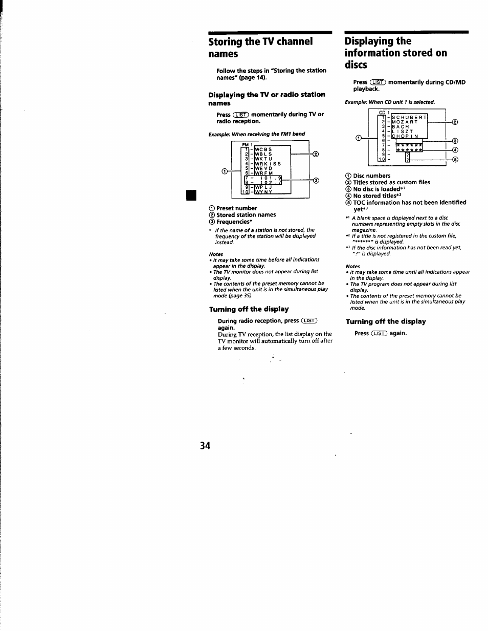 Storing the tv channel names, Displaying the tv or radio station names, Turning off the display | Displaying the information stored on discs | Sony CDX-C8850 User Manual | Page 34 / 52