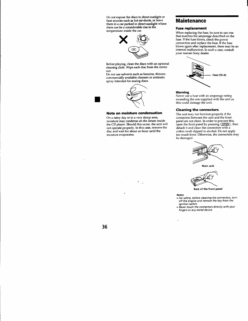 Note on moisture condensation, Maintenance, Fuse replacement | Warning, Cleaning the connectors, Maintenance o | Sony CDX-C8850 User Manual | Page 36 / 52
