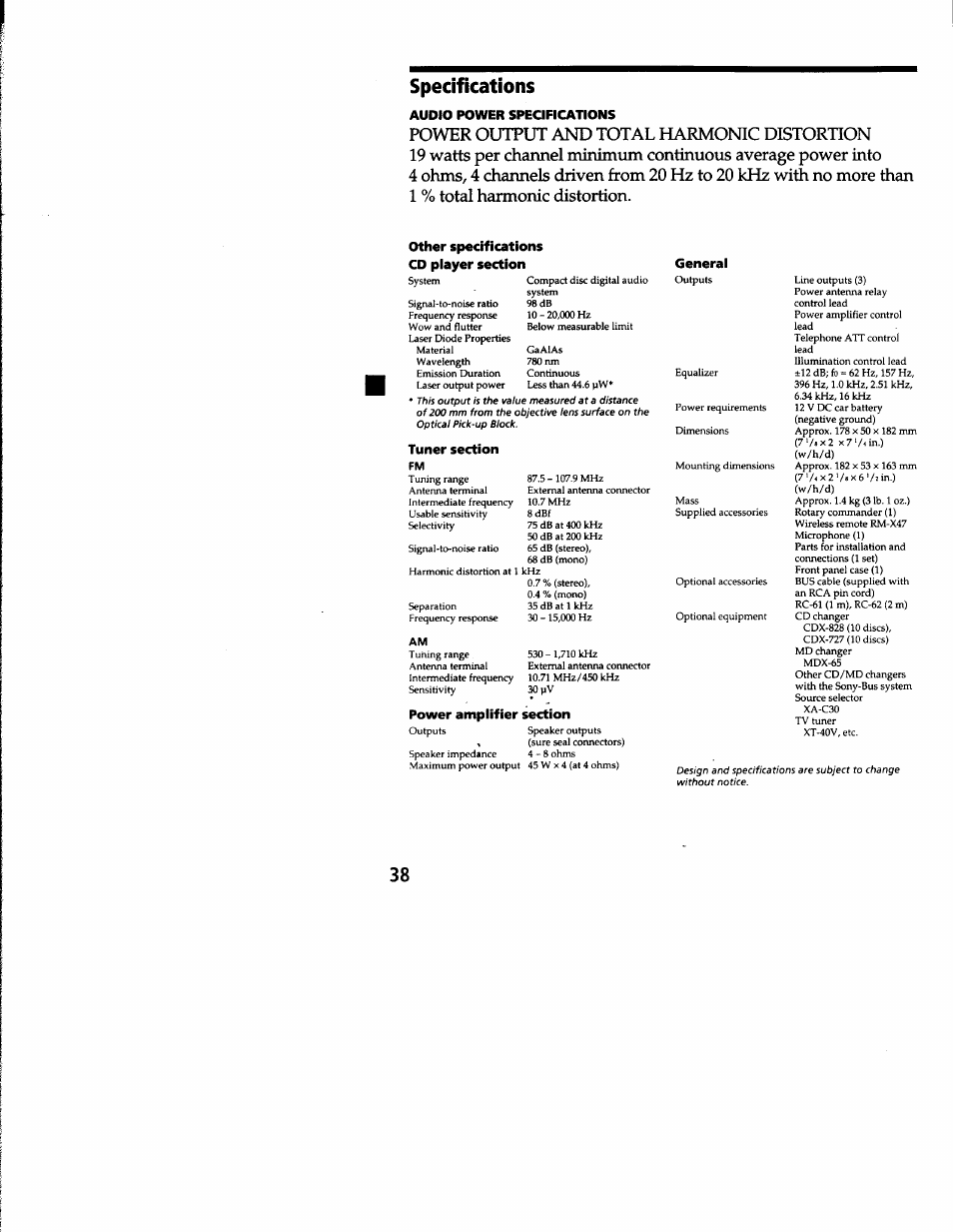 Specifications, Audio power speancations, Other specifications cd player section | Specifications s | Sony CDX-C8850 User Manual | Page 38 / 52