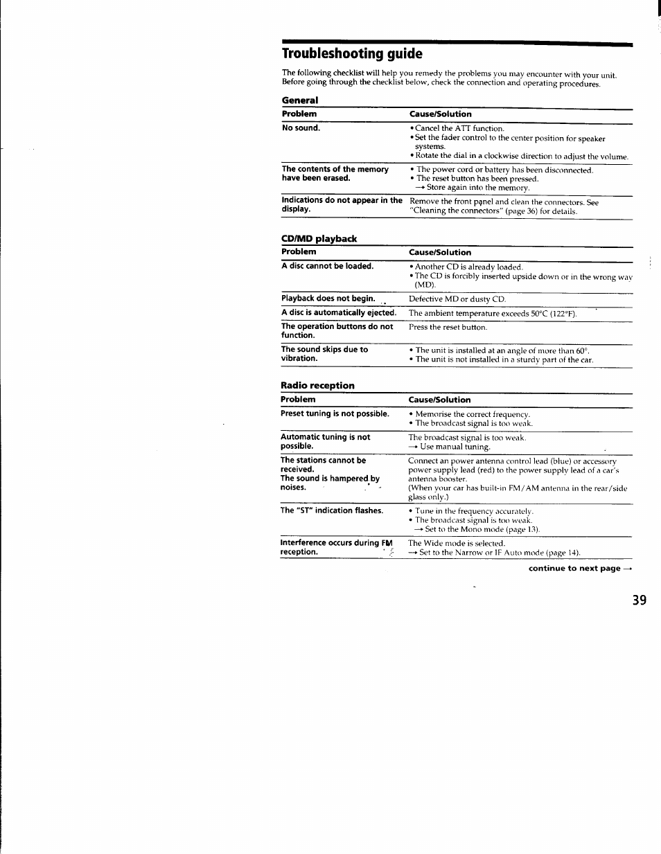 Troubleshooting guide, General | Sony CDX-C8850 User Manual | Page 39 / 52