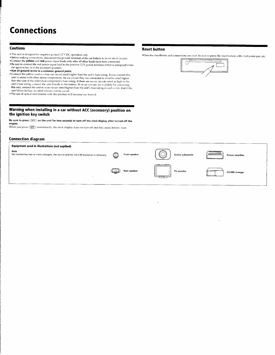 Connections, Cautions, Reset button | Connection diagram | Sony CDX-C8850 User Manual | Page 45 / 52