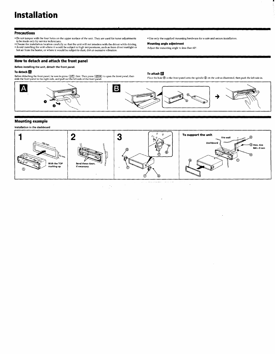 Installation, Precautions, How to detach and attach the front panel | Mounting example | Sony CDX-C8850 User Manual | Page 49 / 52