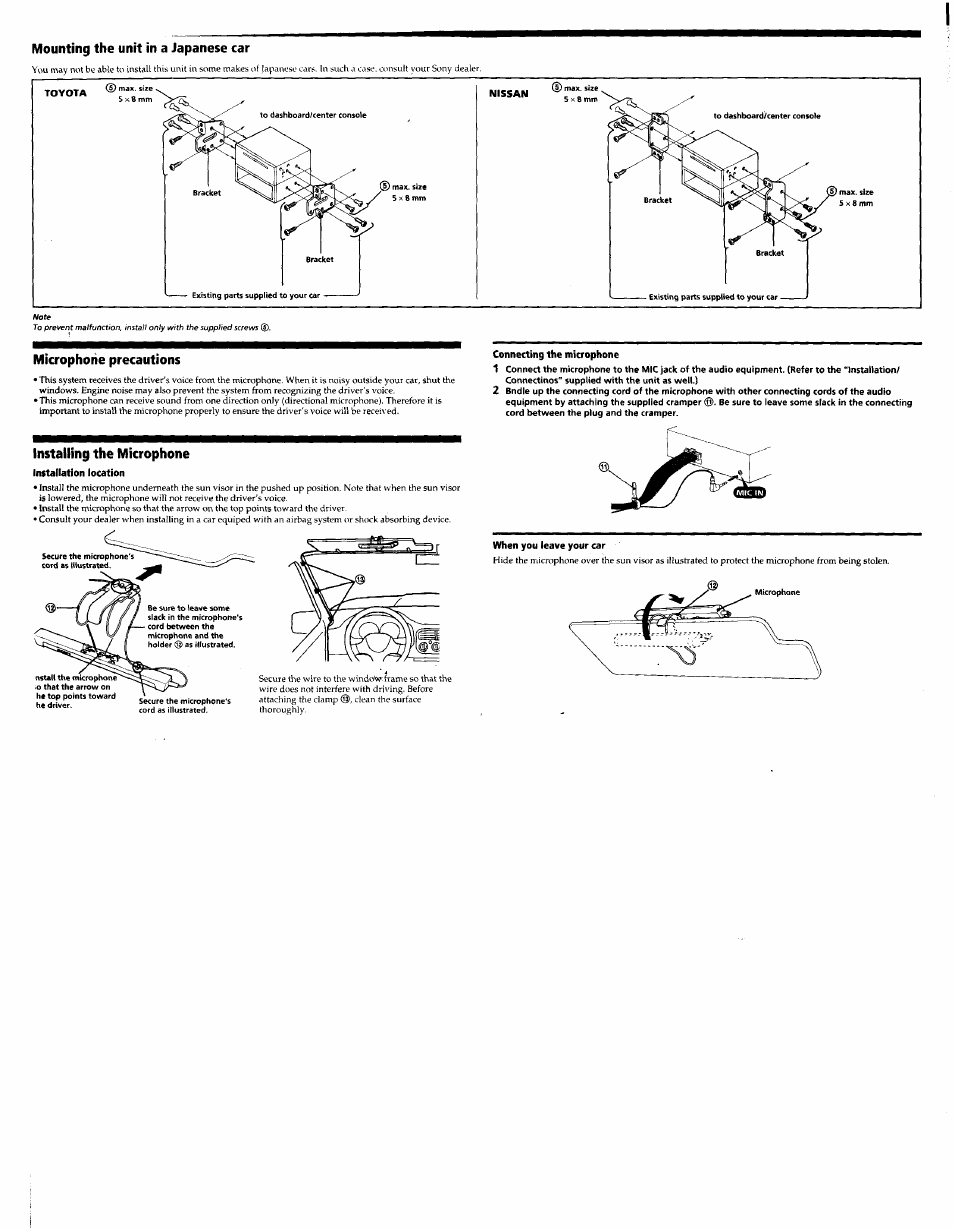 Mounting the unit in a japanese car, Microphone precautions, Installing the microphone | Sony CDX-C8850 User Manual | Page 50 / 52