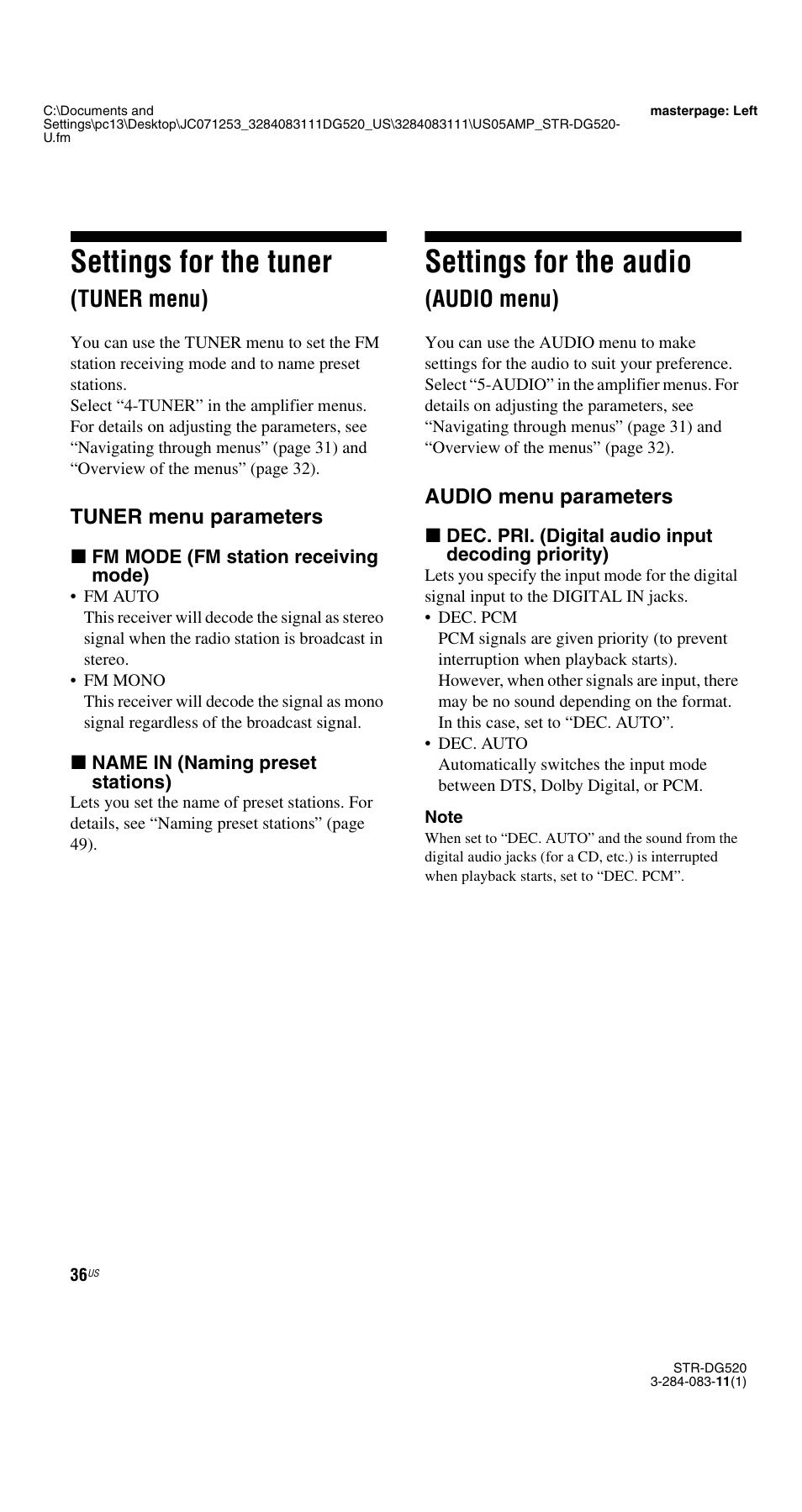 Settings for the tuner (tuner menu), Settings for the audio (audio menu), Settings for the tuner | Settings for the audio, Tuner menu), Audio menu) | Sony STR-DG520 User Manual | Page 36 / 64
