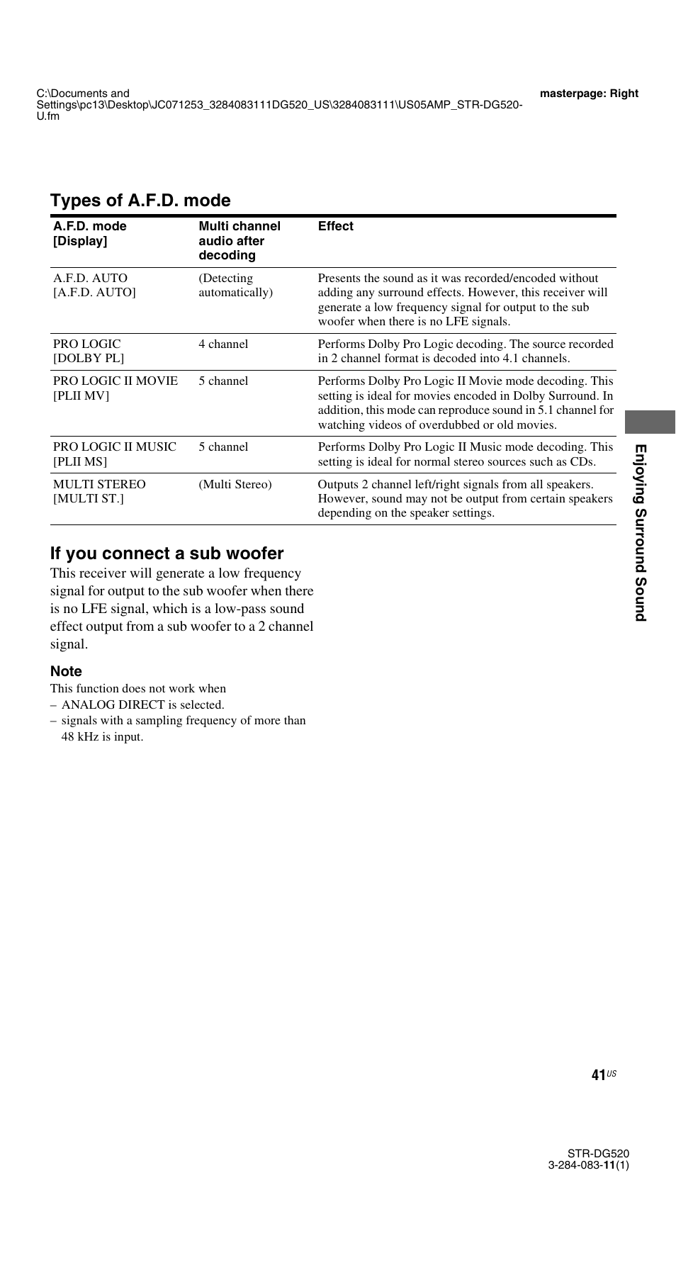 Types of a.f.d. mode if you connect a sub woofer | Sony STR-DG520 User Manual | Page 41 / 64