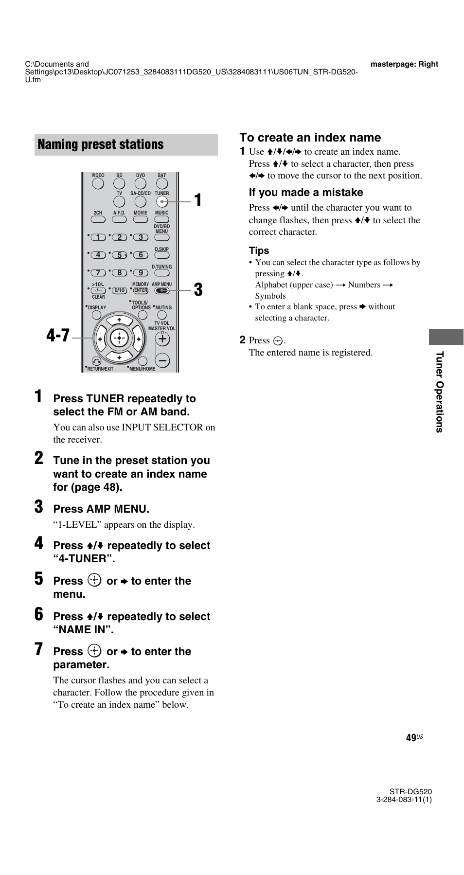 Naming preset stations | Sony STR-DG520 User Manual | Page 49 / 64