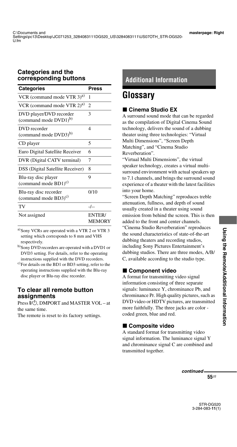 Additional information, Glossary, Categories and the corresponding buttons | Sony STR-DG520 User Manual | Page 55 / 64