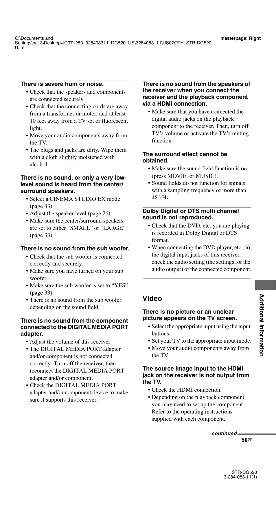 Video | Sony STR-DG520 User Manual | Page 59 / 64