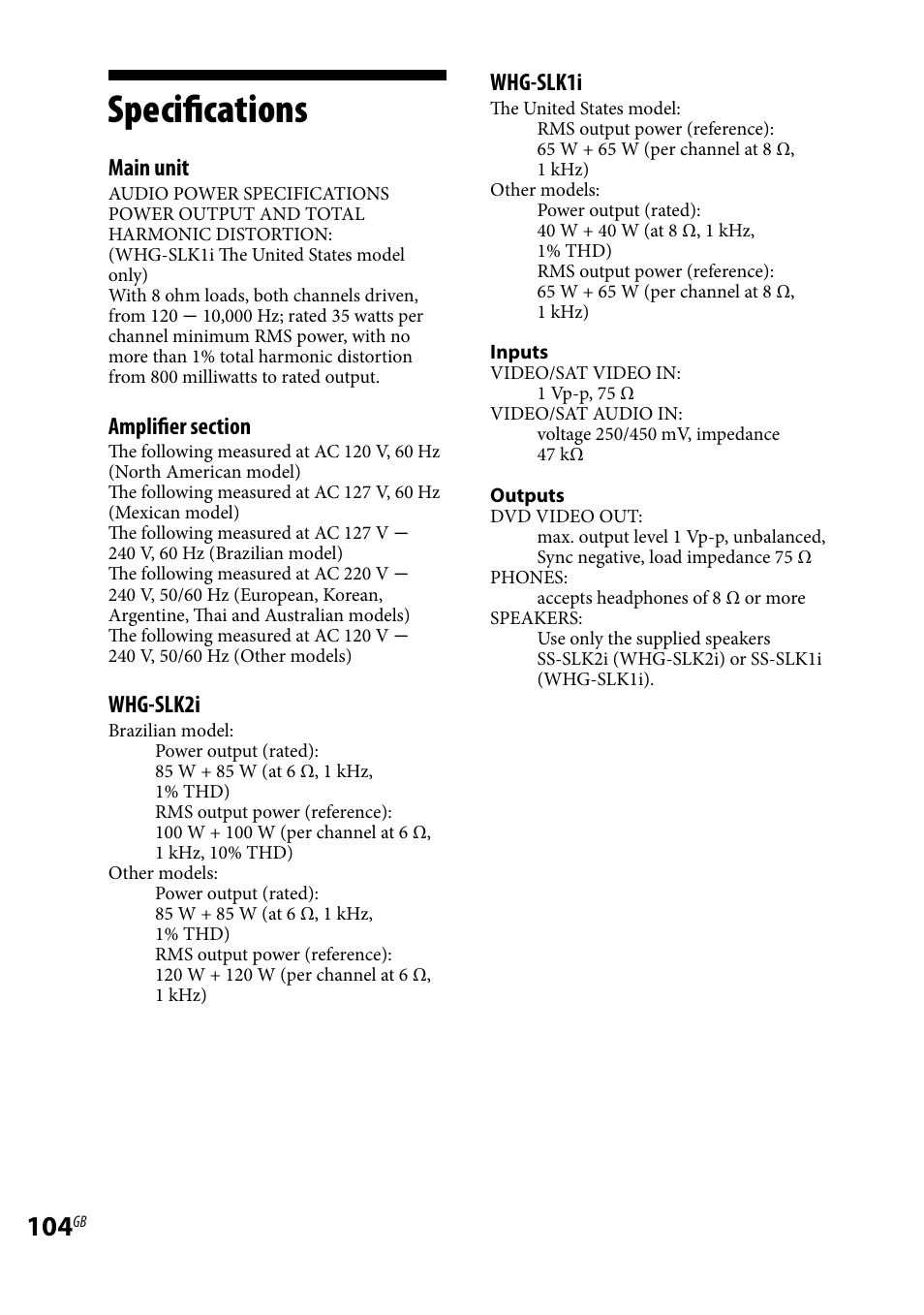 Specifications, Main unit, Whg-slk2i | Whg-slk1i | Sony WHG-SLK1I User Manual | Page 104 / 127