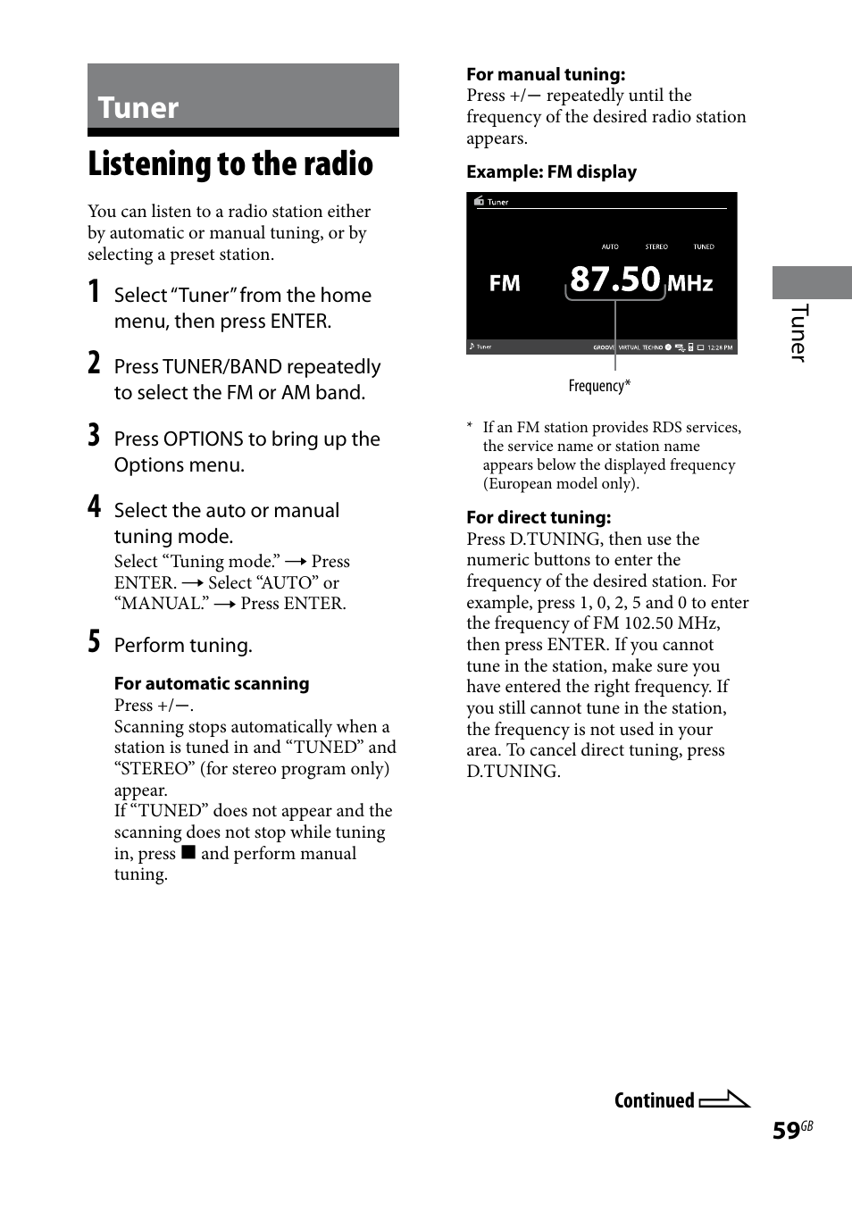 Tuner, Listening to the radio | Sony WHG-SLK1I User Manual | Page 59 / 127
