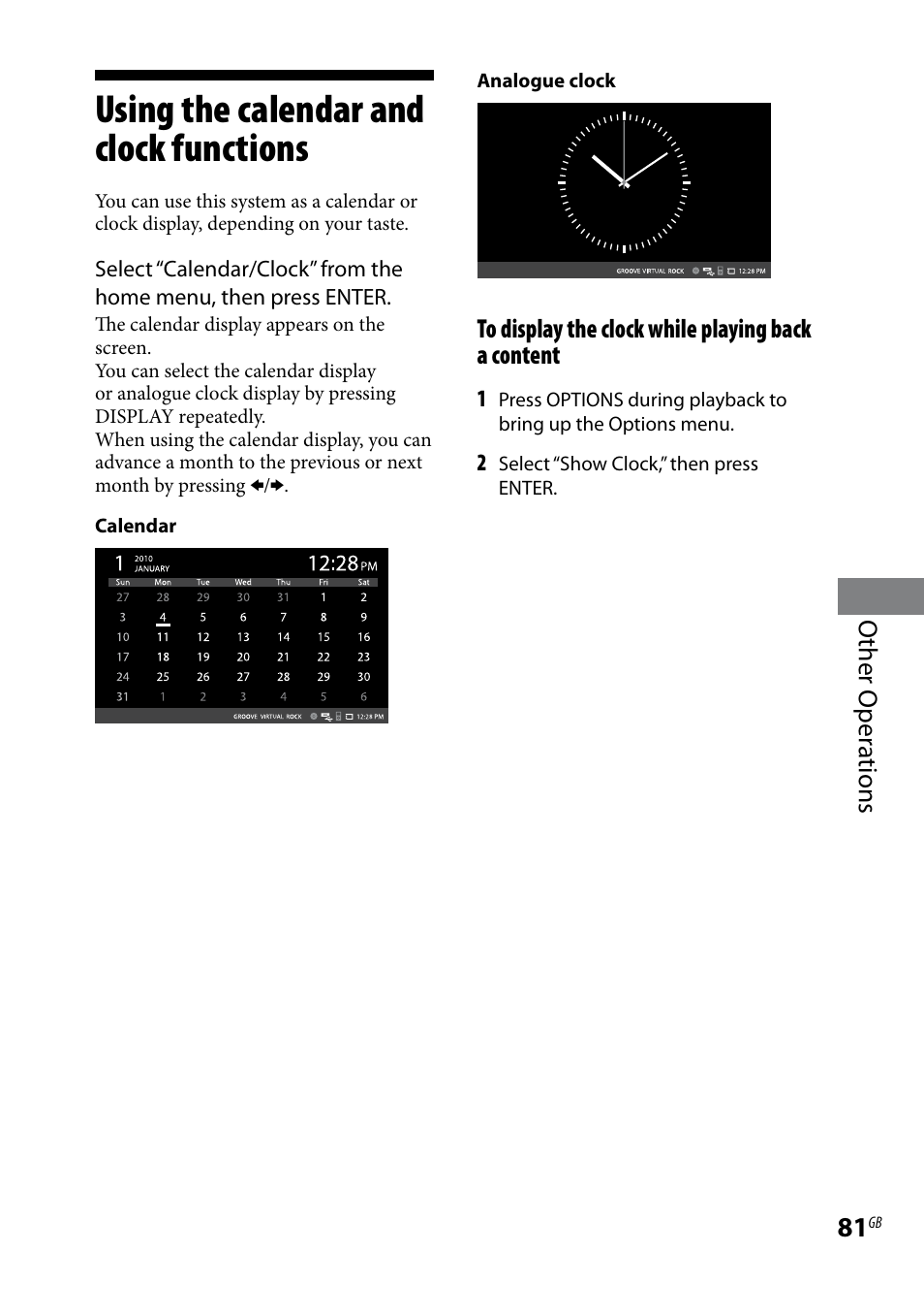 Using the calendar and clock functions, Using the calendar and clock, Functions | Sony WHG-SLK1I User Manual | Page 81 / 127