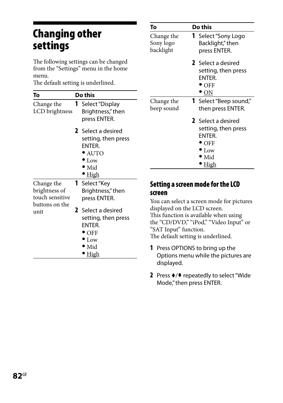 Changing other settings, Setting a screen mode for the lcd screen | Sony WHG-SLK1I User Manual | Page 82 / 127