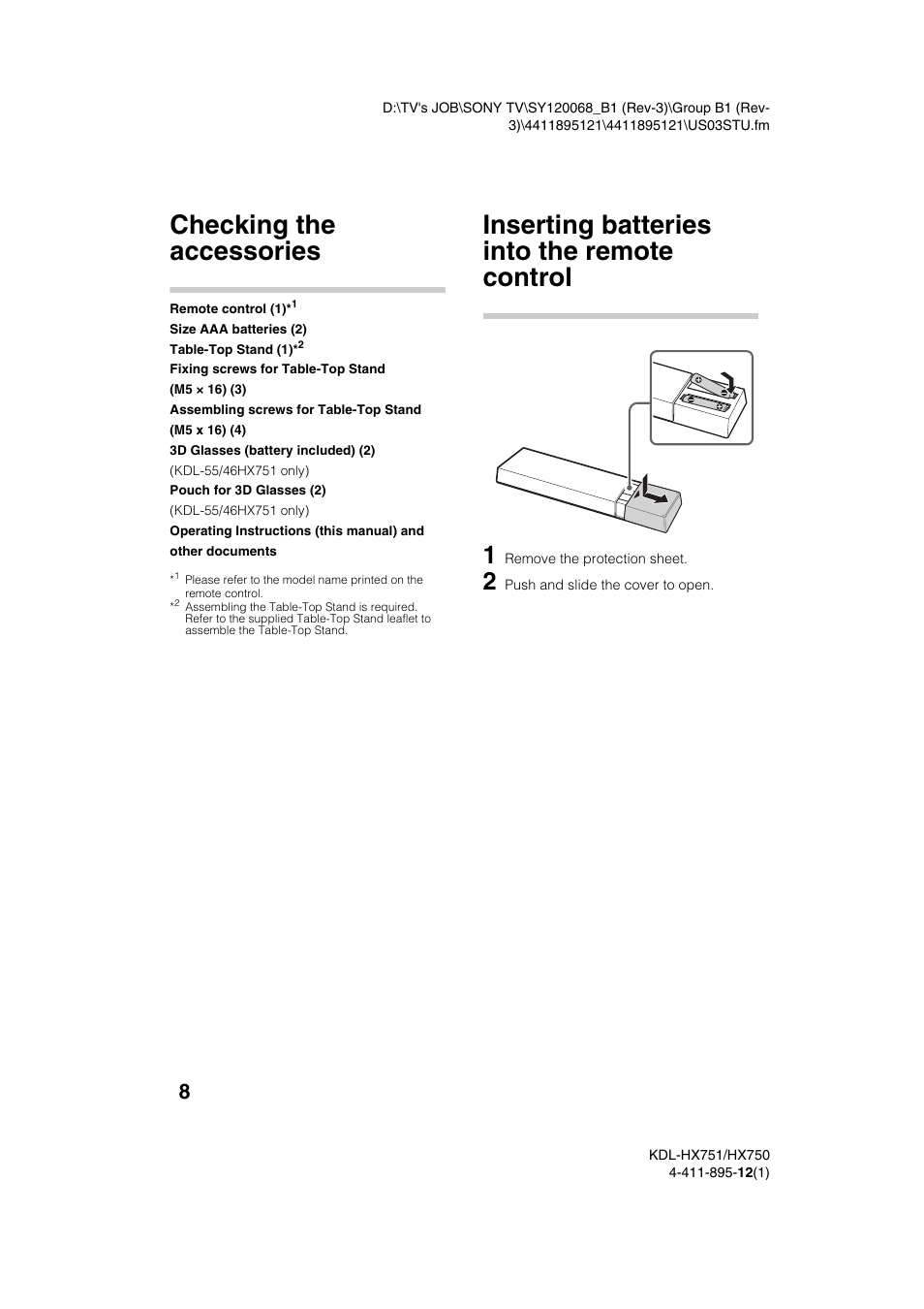 Getting started, Checking the accessories, Inserting batteries into the remote control | Sony KDL-55HX751 User Manual | Page 8 / 36