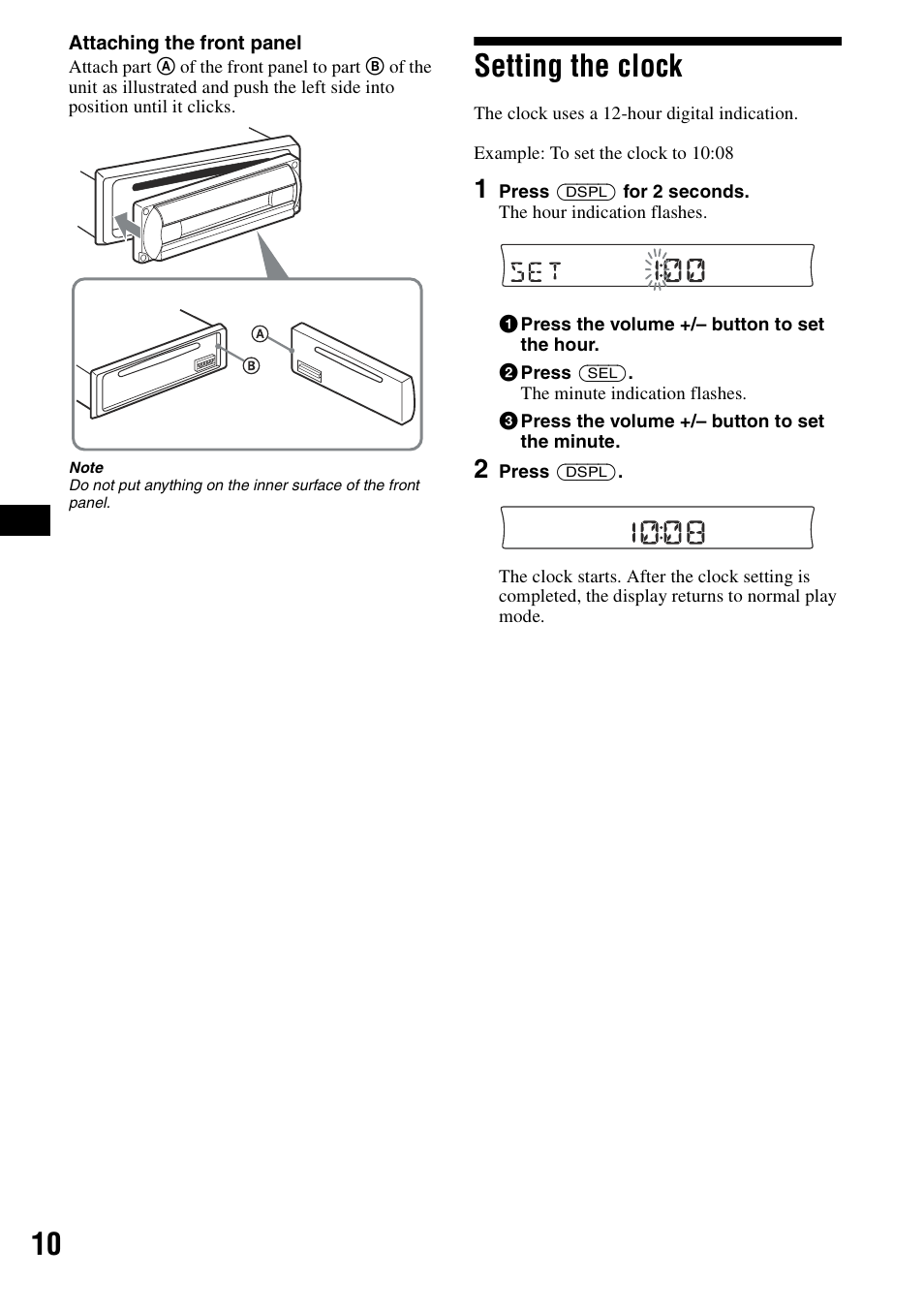 Setting the clock | Sony CDX-R3300 User Manual | Page 10 / 68
