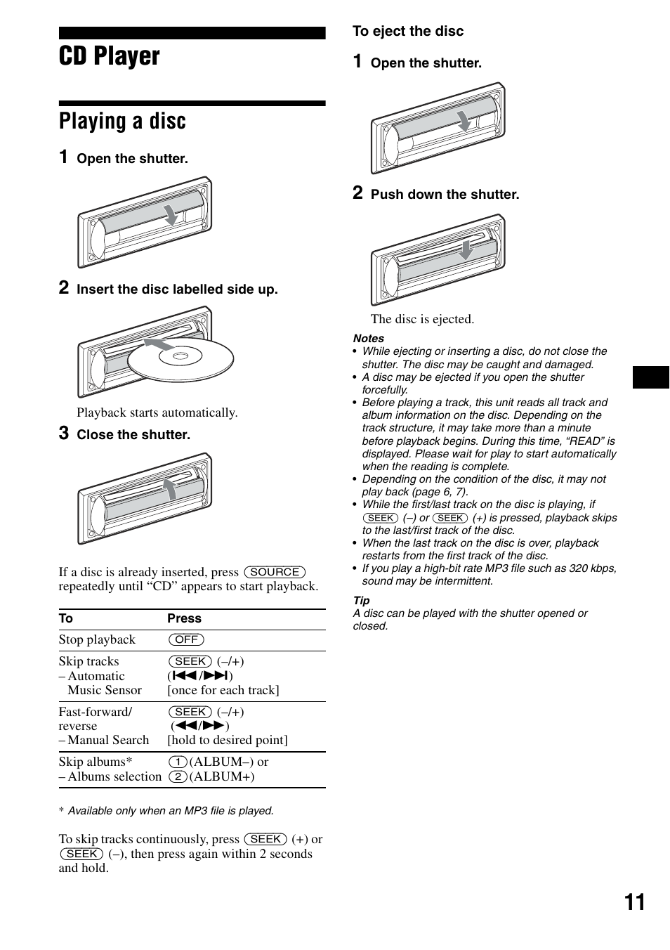 Cd player, Playing a disc | Sony CDX-R3300 User Manual | Page 11 / 68