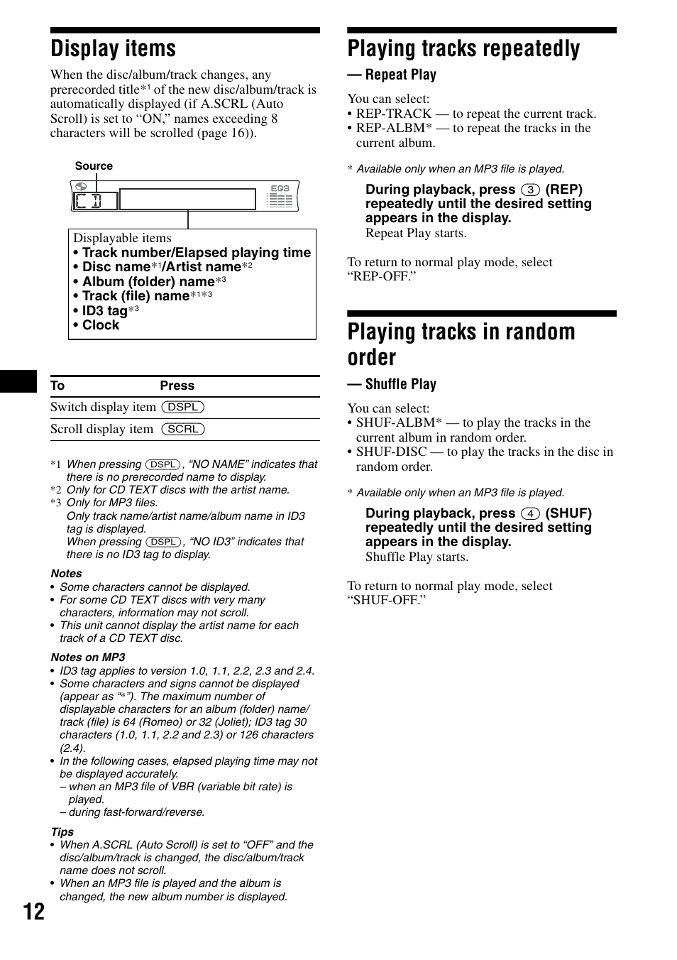 Display items, Playing tracks repeatedly, Repeat play | Playing tracks in random order, Shuffle play, Display items playing tracks repeatedly, Rep 12, 12 display items | Sony CDX-R3300 User Manual | Page 12 / 68