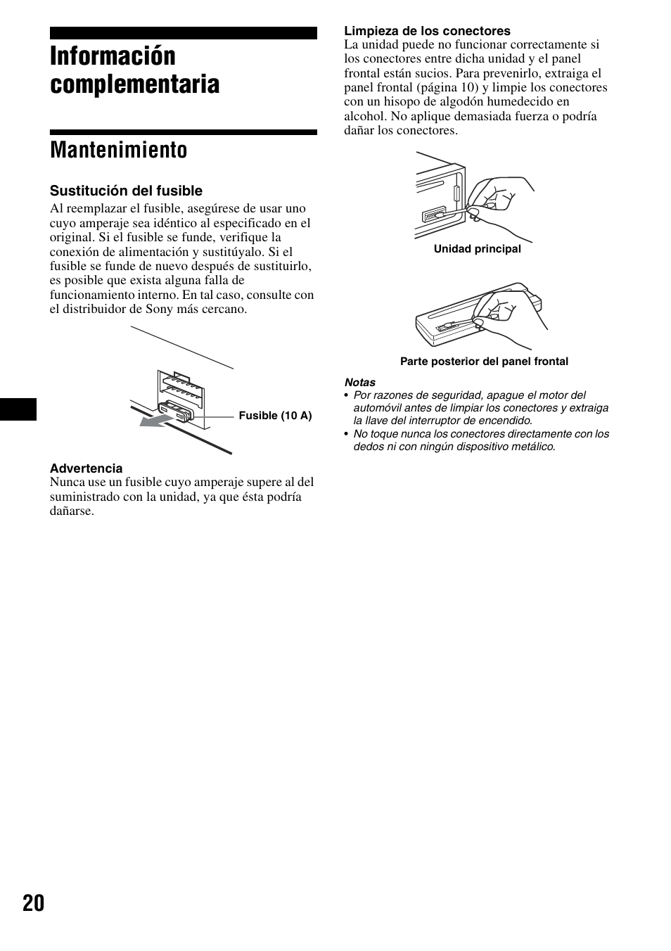 Información complementaria, Mantenimiento | Sony CDX-R3300 User Manual | Page 42 / 68