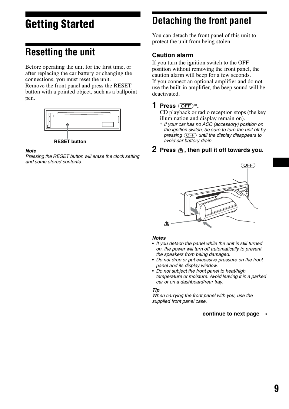 Getting started, Resetting the unit, Detaching the front panel | Resetting the unit detaching the front panel | Sony CDX-R3300 User Manual | Page 9 / 68