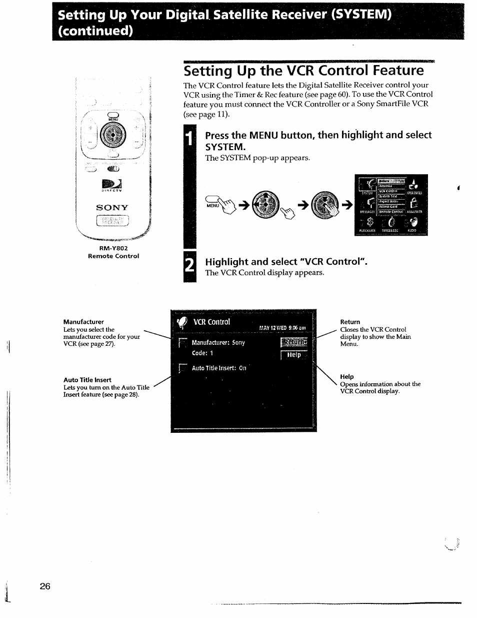 Setting up the vcr control feature, Highlight and select "vcr control, Sony | Sony SAT-A55 User Manual | Page 26 / 80
