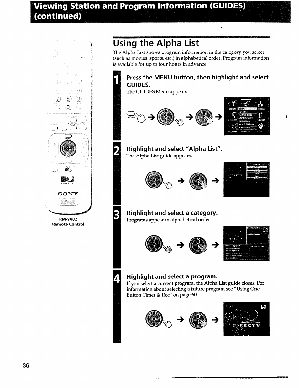 Using the alpha list, Highlight and select "alpha list, Highlight and select a category | Highlight and select a program | Sony SAT-A55 User Manual | Page 36 / 80