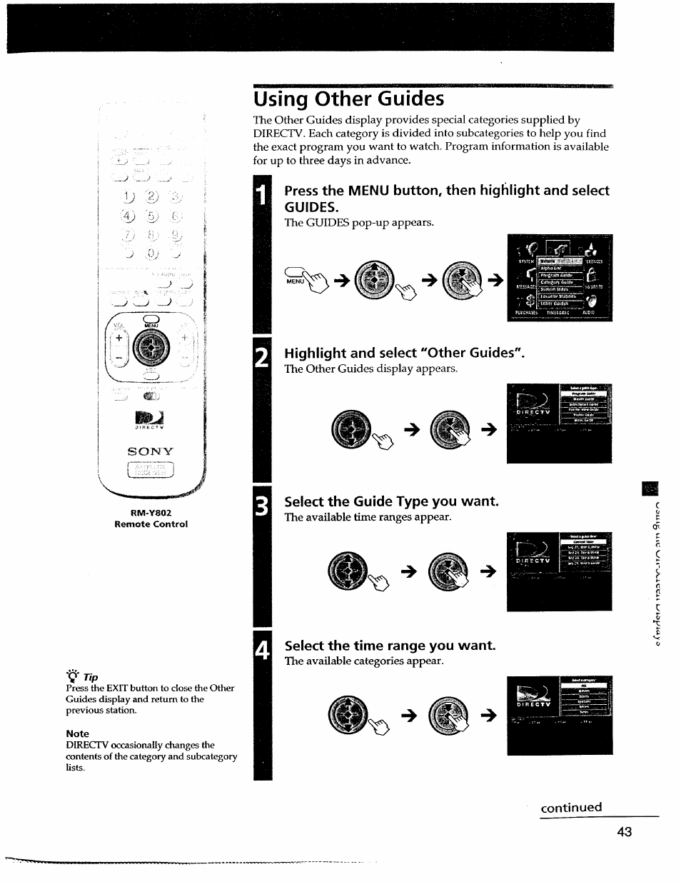 Using other guides, Note, Highlight and select "other guides | Select the guide type you want, Select the time range you want | Sony SAT-A55 User Manual | Page 43 / 80