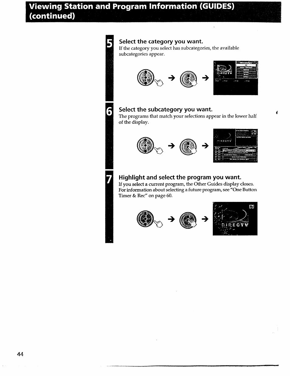 Select the category you want, Select the subcategory you want, Highlight and select the program you want | Sony SAT-A55 User Manual | Page 44 / 80