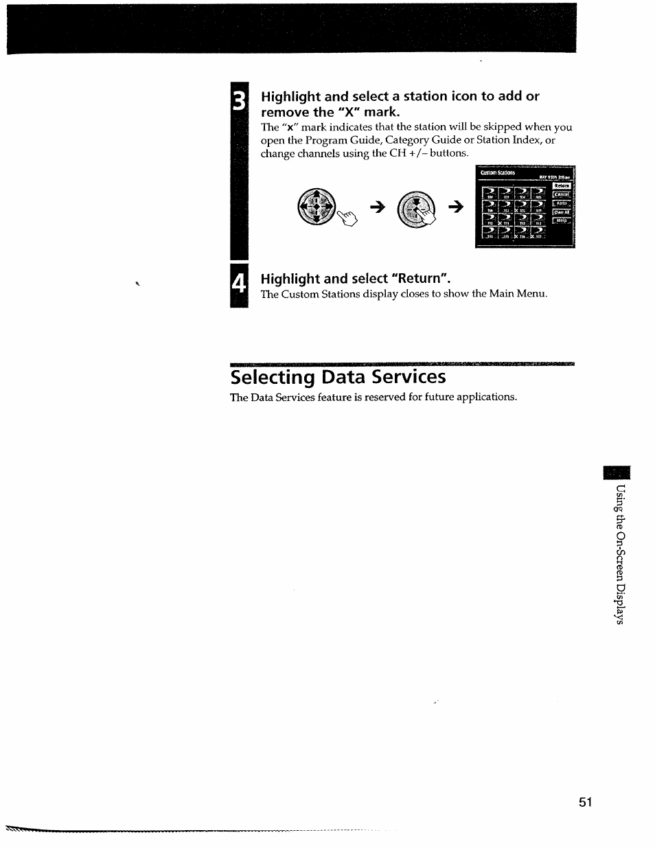 Highlight and select "return, Selecting data services | Sony SAT-A55 User Manual | Page 51 / 80