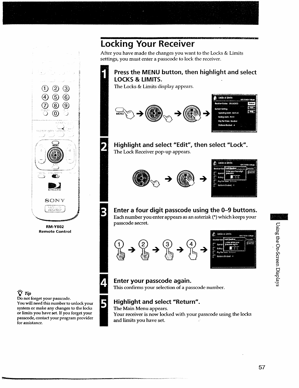 Locking your receiver, Highlight and select "edit", then select "lock, Enter a four digit passcode using the 0-9 buttons | Enter your passcode again, Highlight and select "return | Sony SAT-A55 User Manual | Page 57 / 80