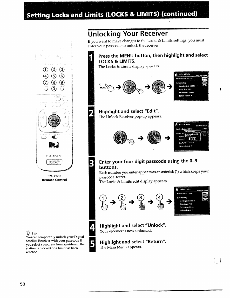 Unlocking your receiver, Highlight and select 