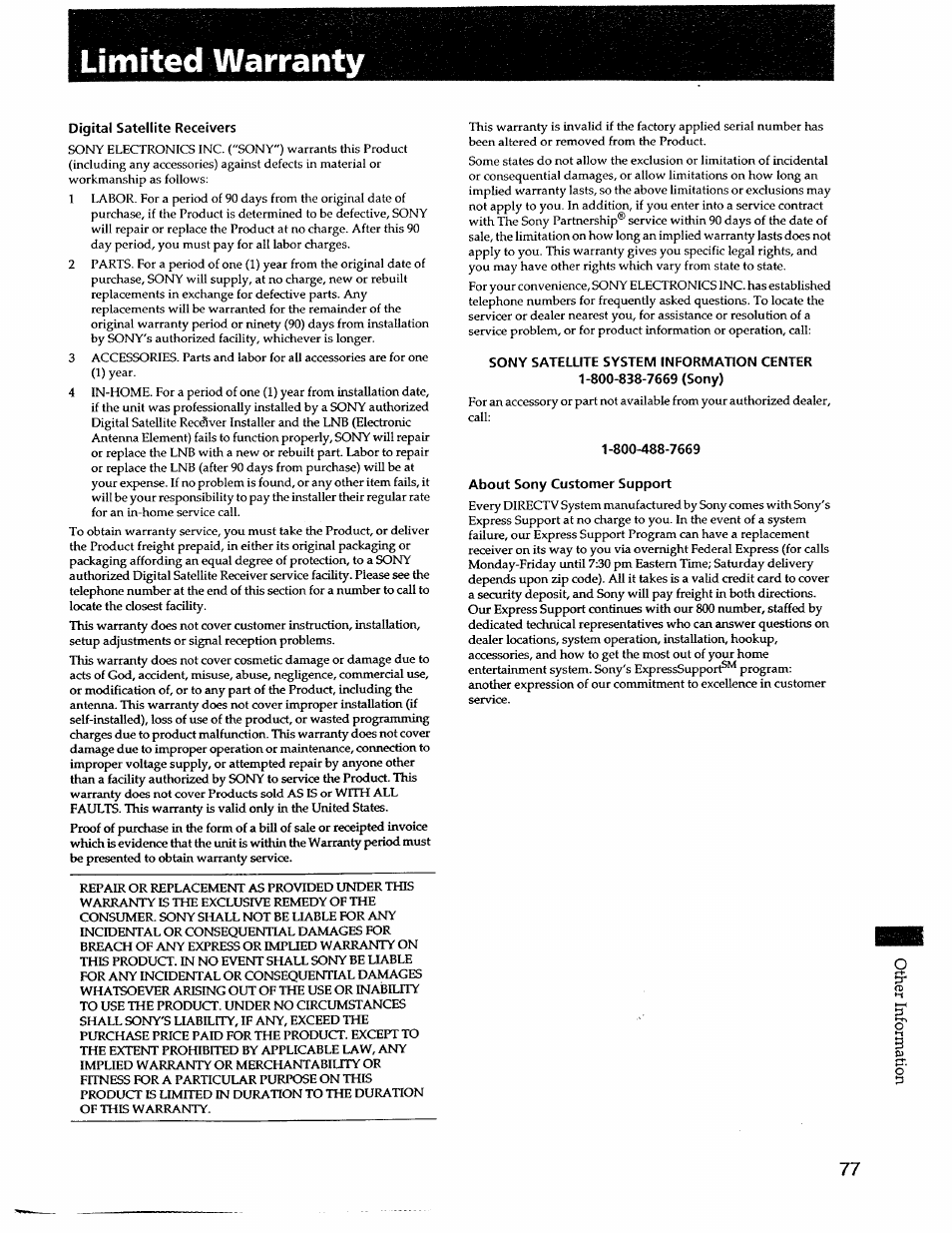Limited warranty, Digital satellite receivers, About sony customer support | Sony SAT-A55 User Manual | Page 77 / 80