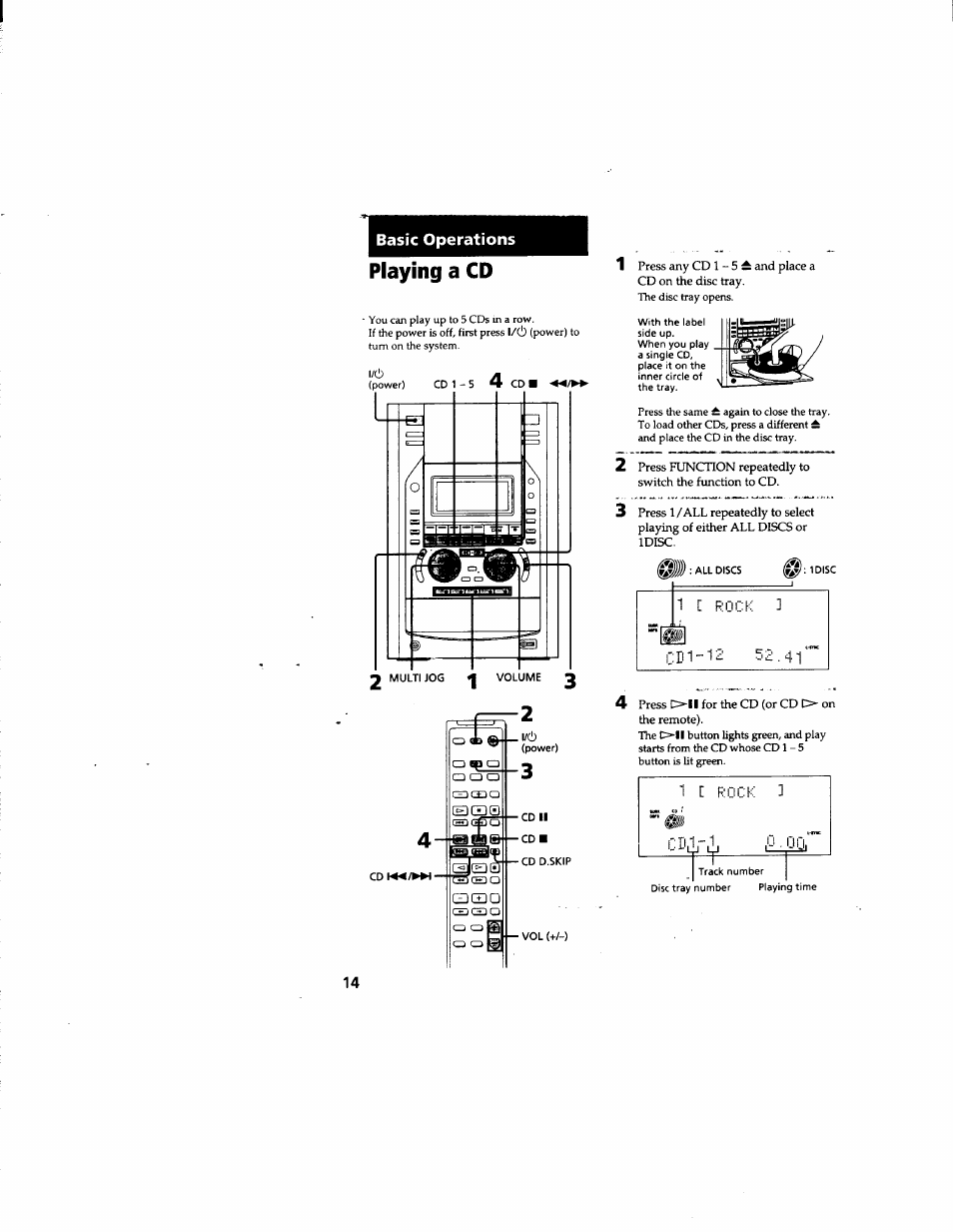Basic operations, Playing a cd, 1 [ r | Sony DHC-MD555 User Manual | Page 14 / 100
