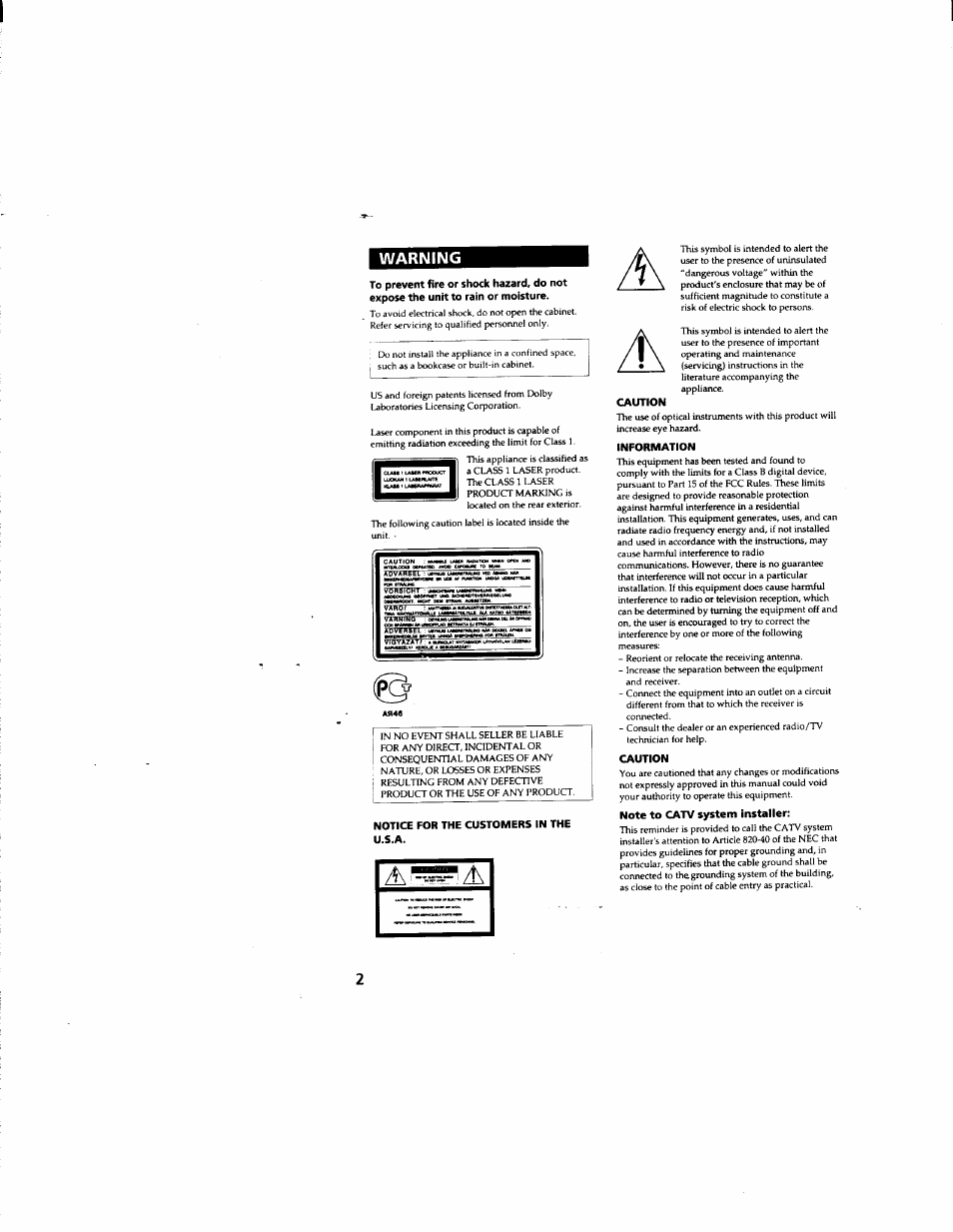 Notice for the customers in the u.s.a, Caution, Information | Note to catv system installer, Warning | Sony DHC-MD555 User Manual | Page 2 / 100