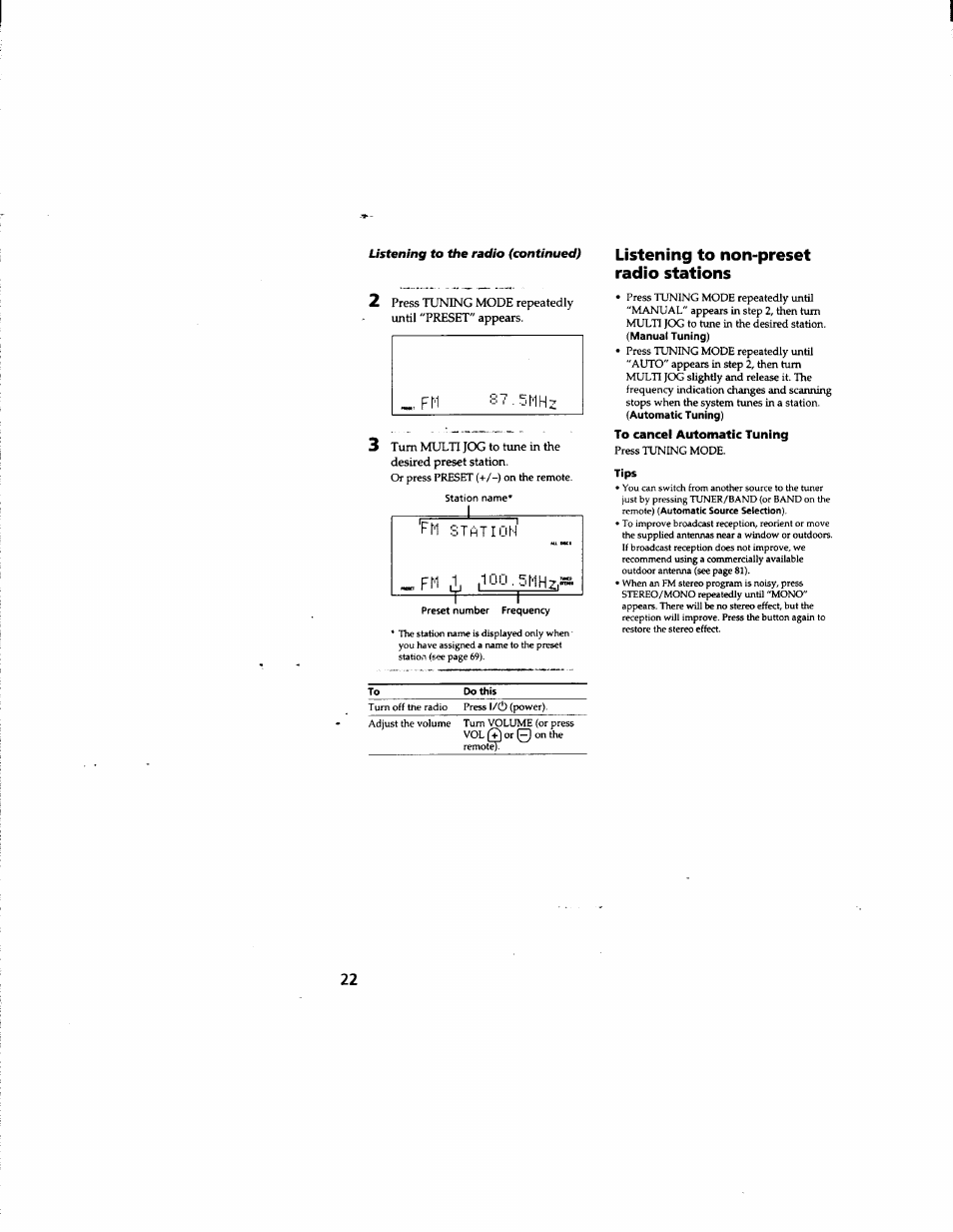Listening to non-preset radio stations, To cancel automatic tuning, Tips | Sony DHC-MD555 User Manual | Page 22 / 100