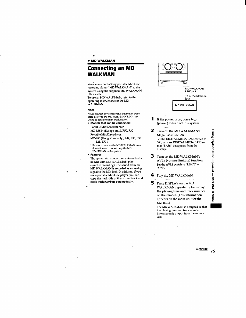 Md walkman, Connecting an md walkman, Note | Models that can be connected, Features, Coimecting an md walkman | Sony DHC-MD555 User Manual | Page 75 / 100
