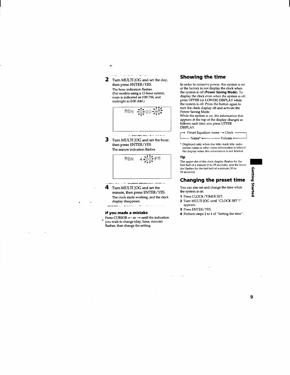 If you made a mistake, Showing the time, Changing the preset time | Sony DHC-MD555 User Manual | Page 9 / 100