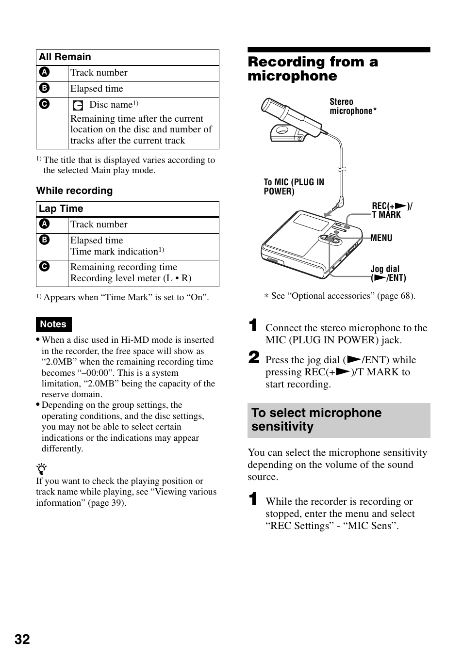Recording from a microphone, To select microphone sensitivity | Sony MZ-RH910 User Manual | Page 32 / 115
