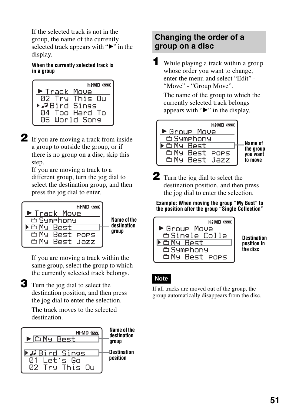 Changing the order of a group on a disc | Sony MZ-RH910 User Manual | Page 51 / 115