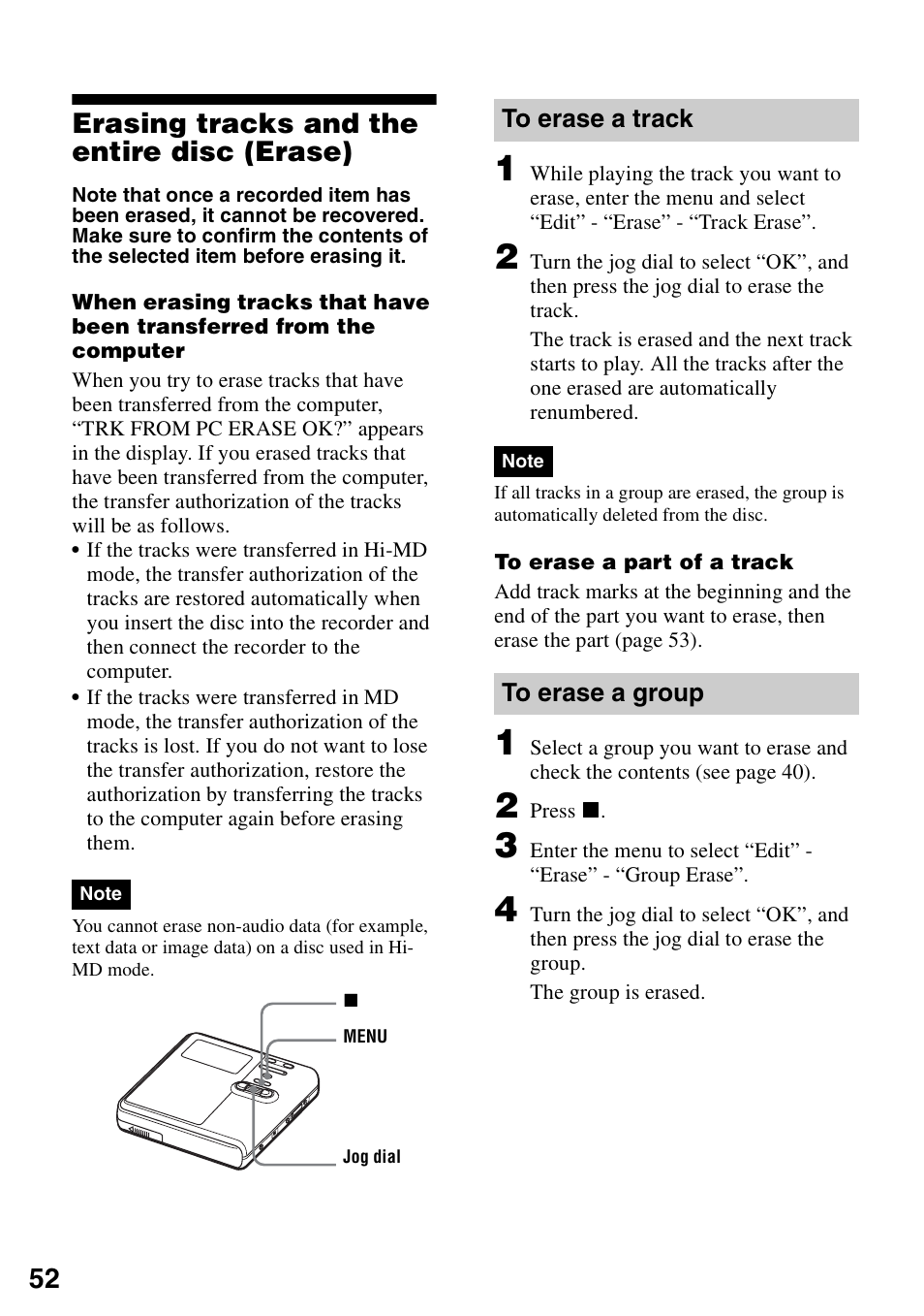 Erasing tracks and the entire disc (erase), To erase a track, To erase a group | 52 erasing tracks and the entire disc (erase) | Sony MZ-RH910 User Manual | Page 52 / 115