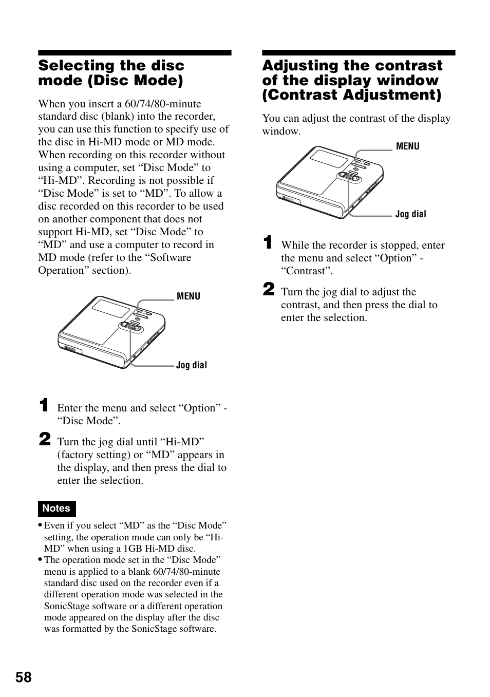 Selecting the disc mode (disc mode), 58 selecting the disc mode (disc mode) | Sony MZ-RH910 User Manual | Page 58 / 115
