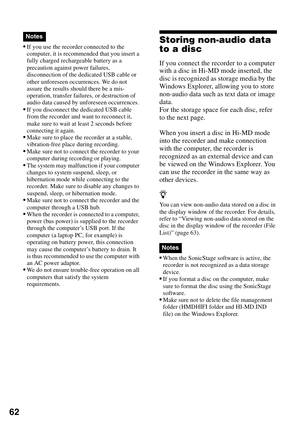 Storing non-audio data to a disc | Sony MZ-RH910 User Manual | Page 62 / 115