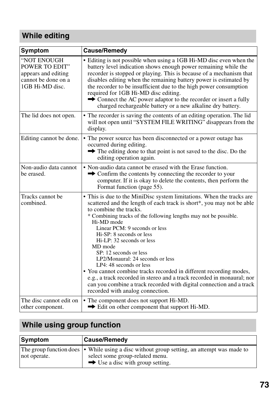 While editing, While using group function | Sony MZ-RH910 User Manual | Page 73 / 115